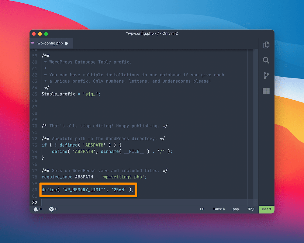 El editor de Onivim2 que muestra un archivo wp-config.php abierto, con la línea de límite de memoria resaltada.