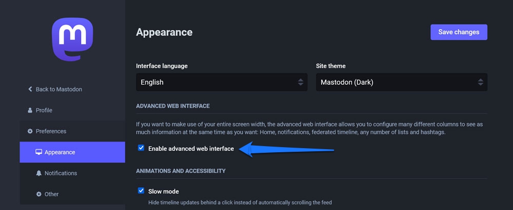 habilitar la interfaz web avanzada de mastodonte