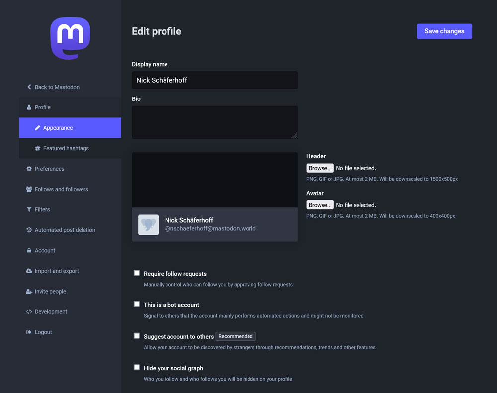 configuración de perfil de mastodonte