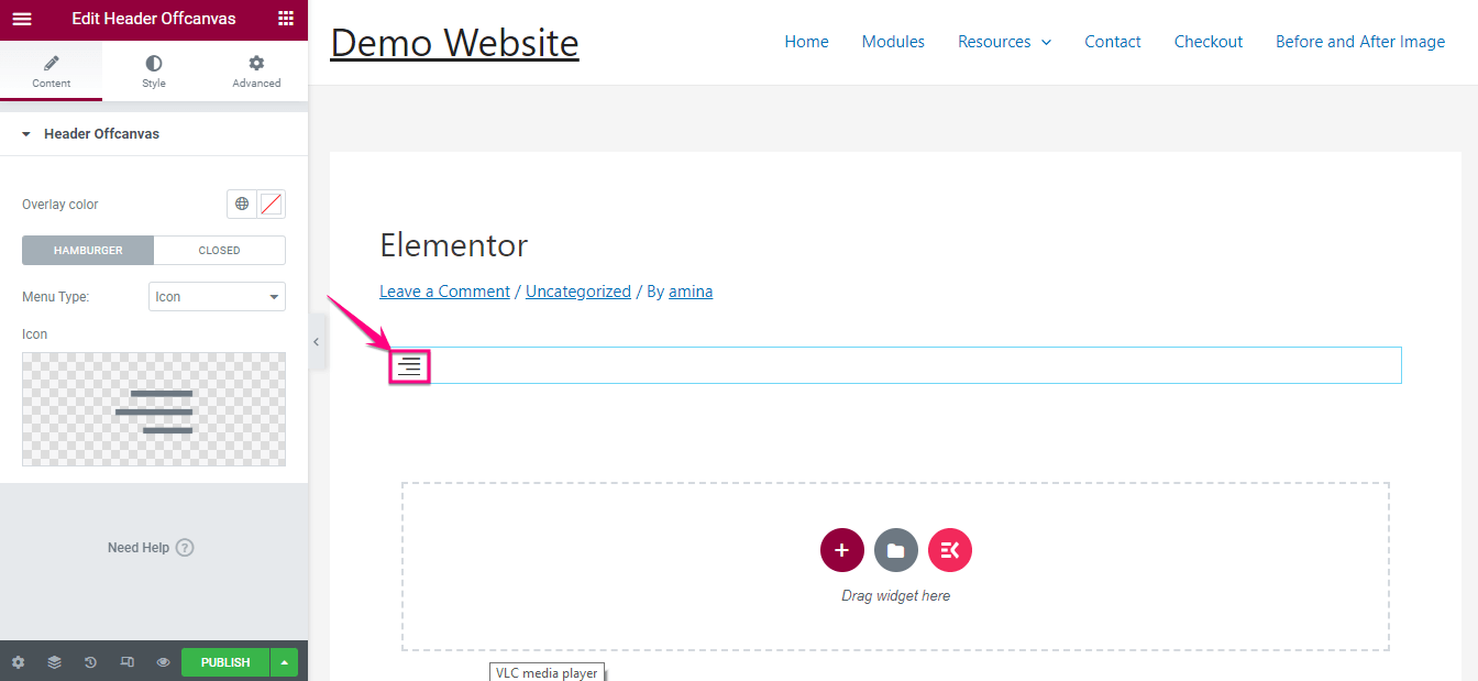 Adicionar menu de cabeçalho fora da tela usando o ElementsKit