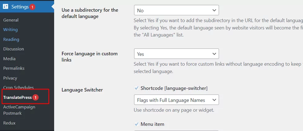 Página de configurações do TranslatePress