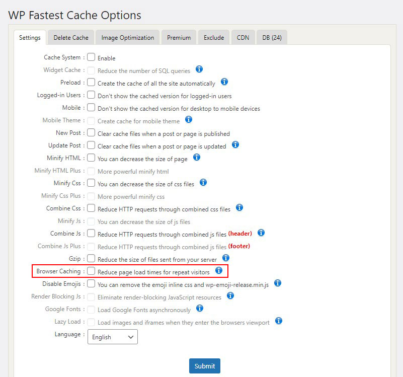 Abilita la cache del browser nella cache più veloce di WP