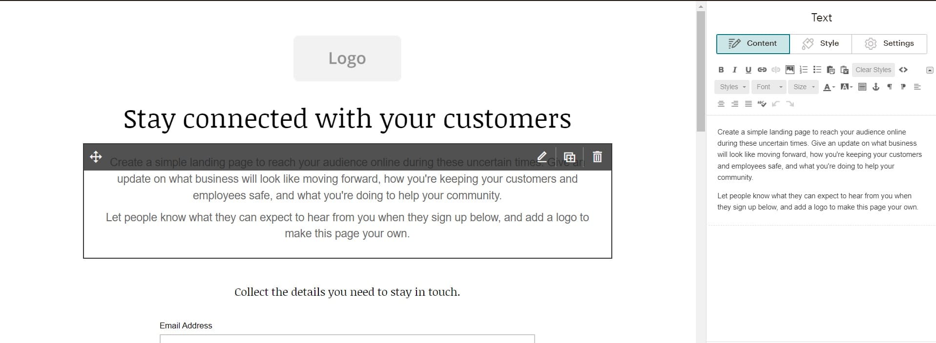 Come creare una landing page in Mailchimp - modificare il blocco di testo