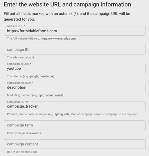 Formulaire de création d'URL de campagne Google