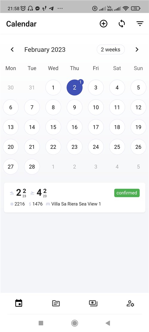 Calendarul aplicației mobile pentru rezervări hoteliere.