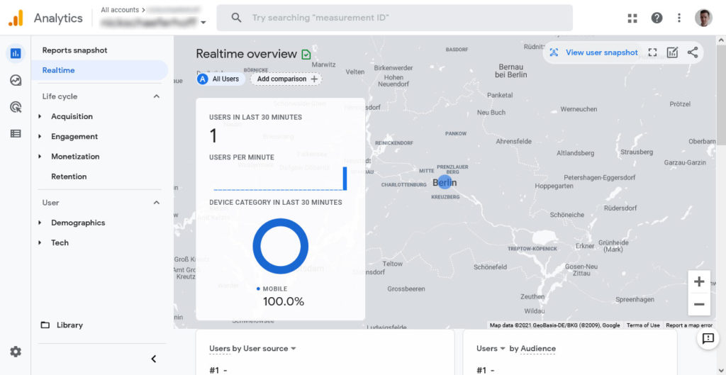 menu en temps réel de google analytics 4