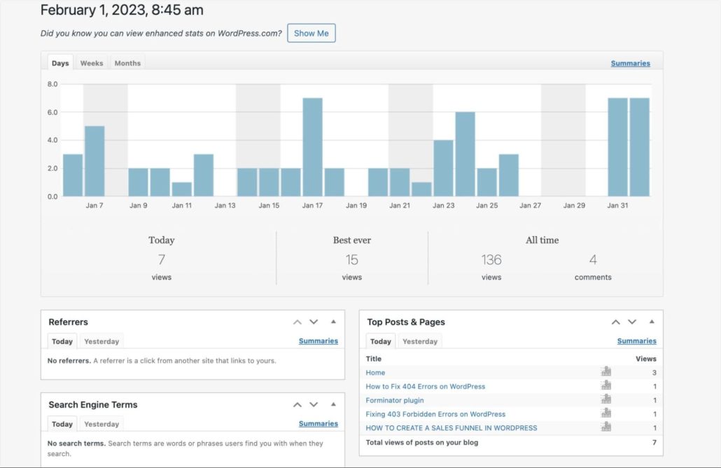 Tableau de bord Jetpack de suivi des visiteurs WordPress