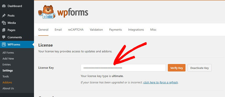 WPForms license page