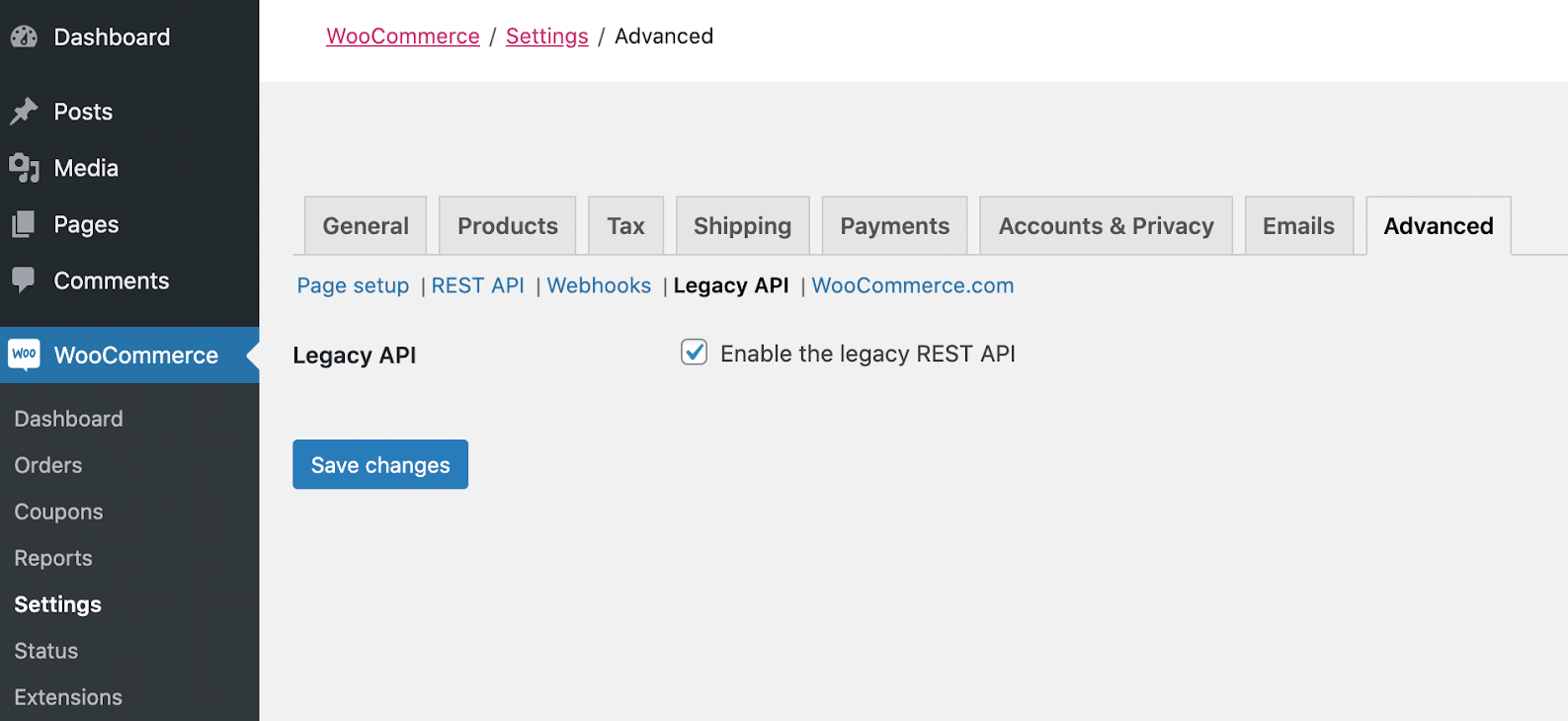 Activez l'ancienne API REST dans les paramètres WooCommerce