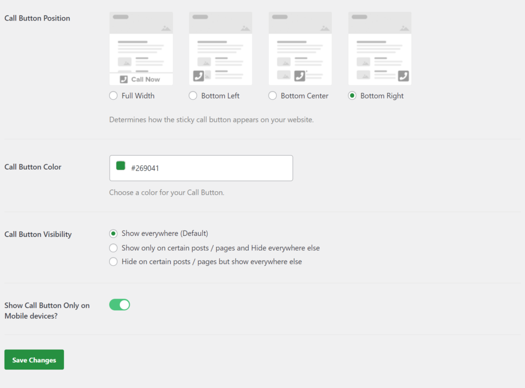 Paramètres de conception du bouton d'appel dans WordPress