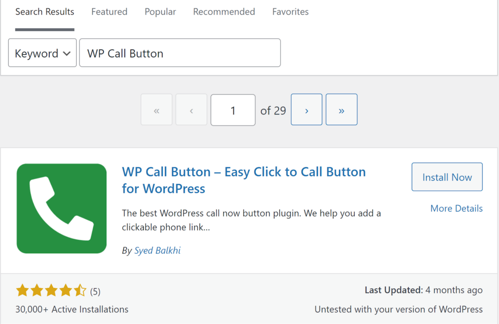 Le plugin WP Call Button est affiché dans la bibliothèque WordPress