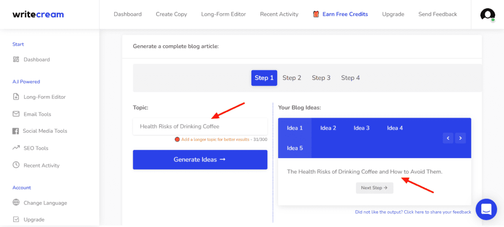 Writecream Generieren von Blog-Ideen