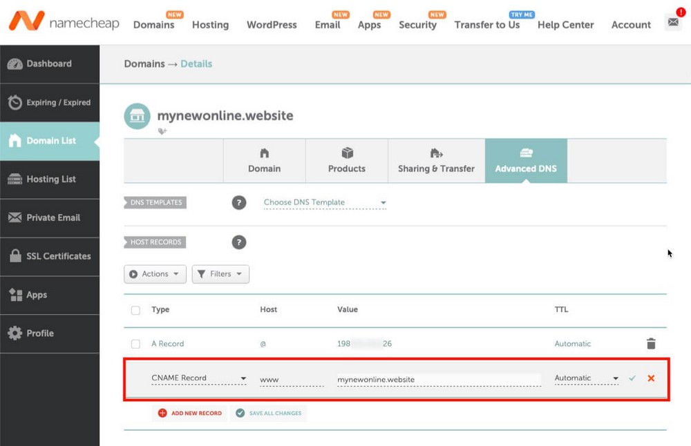 كيفية إضافة سجل CNAME في Namecheap
