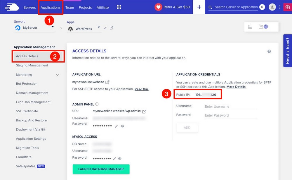 احصل على IP العام من CloudWays