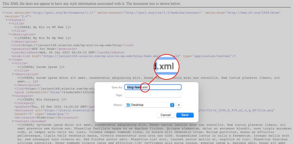 احفظ Wix RSS Feed كملف XML