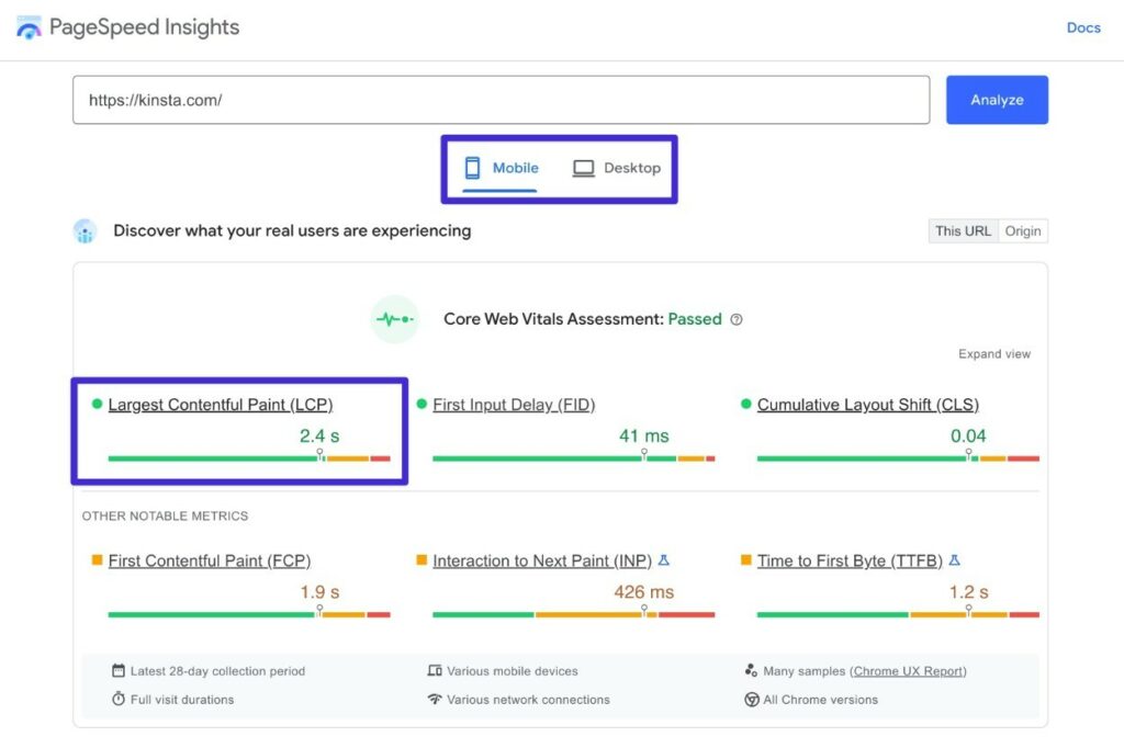 LCP-Zeiten in PageSpeed ​​Insights.