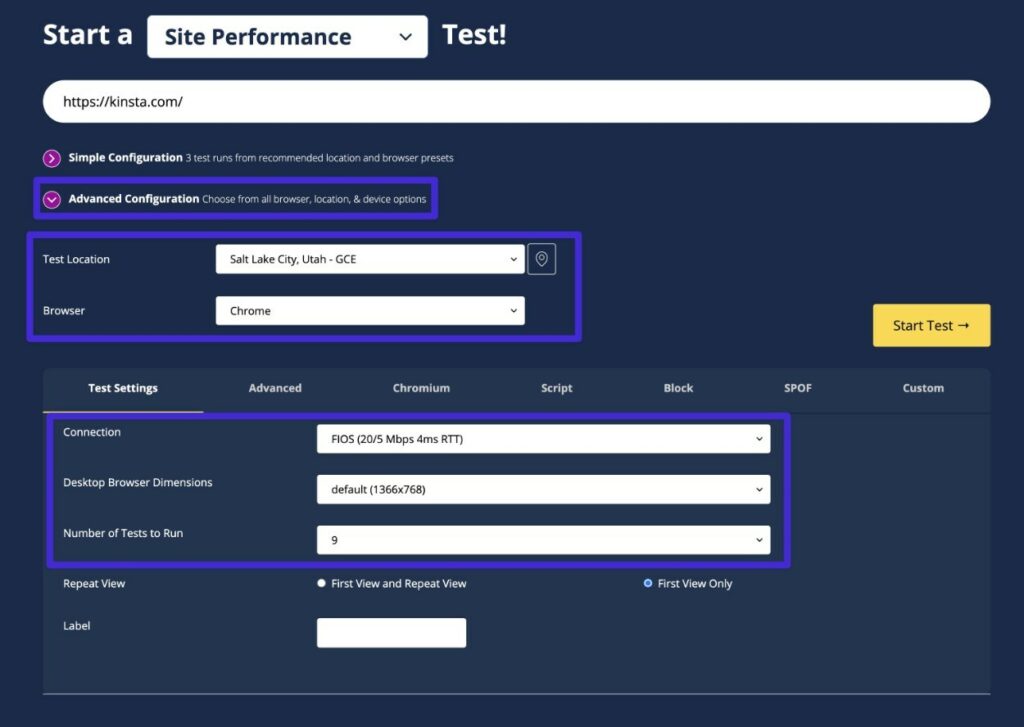 So testen Sie die LCP-Zeit mit WebPageTest.