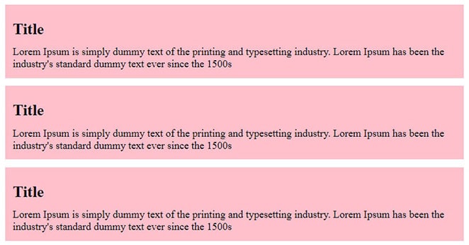 3 identische CSS-Einheiten mit großem Titel und kleinerem Lorem Ipsum-Fülltext