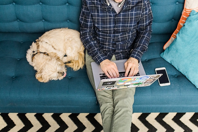 Mann, der auf einem Laptop tippt, der mit Hund auf einer blauen Couch sitzt