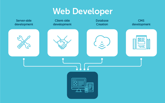 Должностные обязанности веб-разработчика, в том числе: разработка на стороне сервера, разработка на стороне клиента, создание базы данных и разработка CMS.