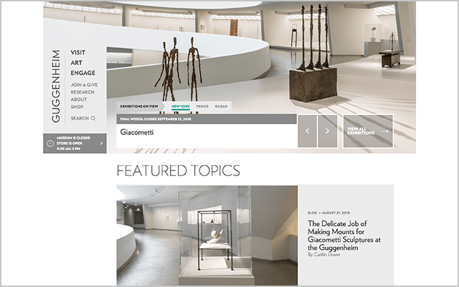 グッゲンハイムのウェブサイトのスクリーンショット 有名なワードプレスのウェブサイトの例