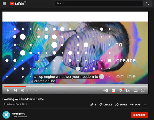 WP Engine による YouTube 動画「Powering Your Freedom to Create」のスクリーンショット