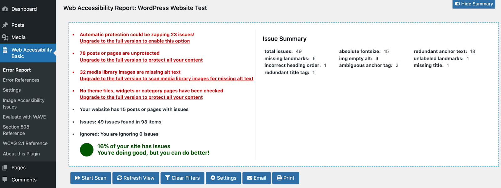 WordPress ダッシュボードのスクリーンショット、Web Accessibility Basic タブ