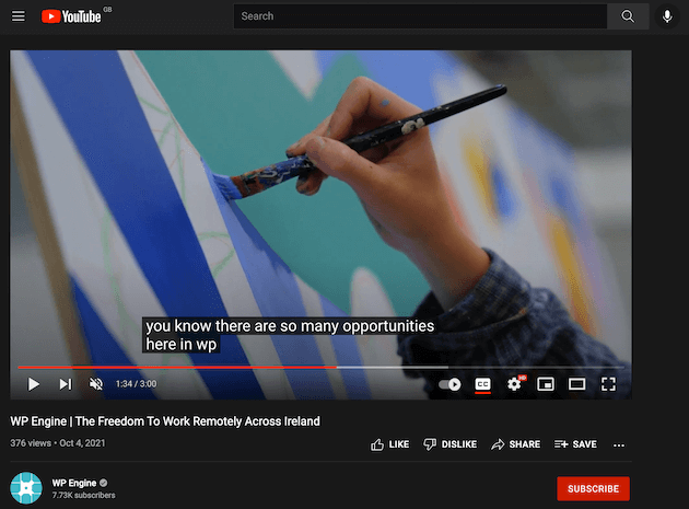 アクセシビリティのためのクローズド キャプション付きの YouTube ビデオのスクリーンショット、タイトルは「The Freedom to Work Remotely Across Ireland」