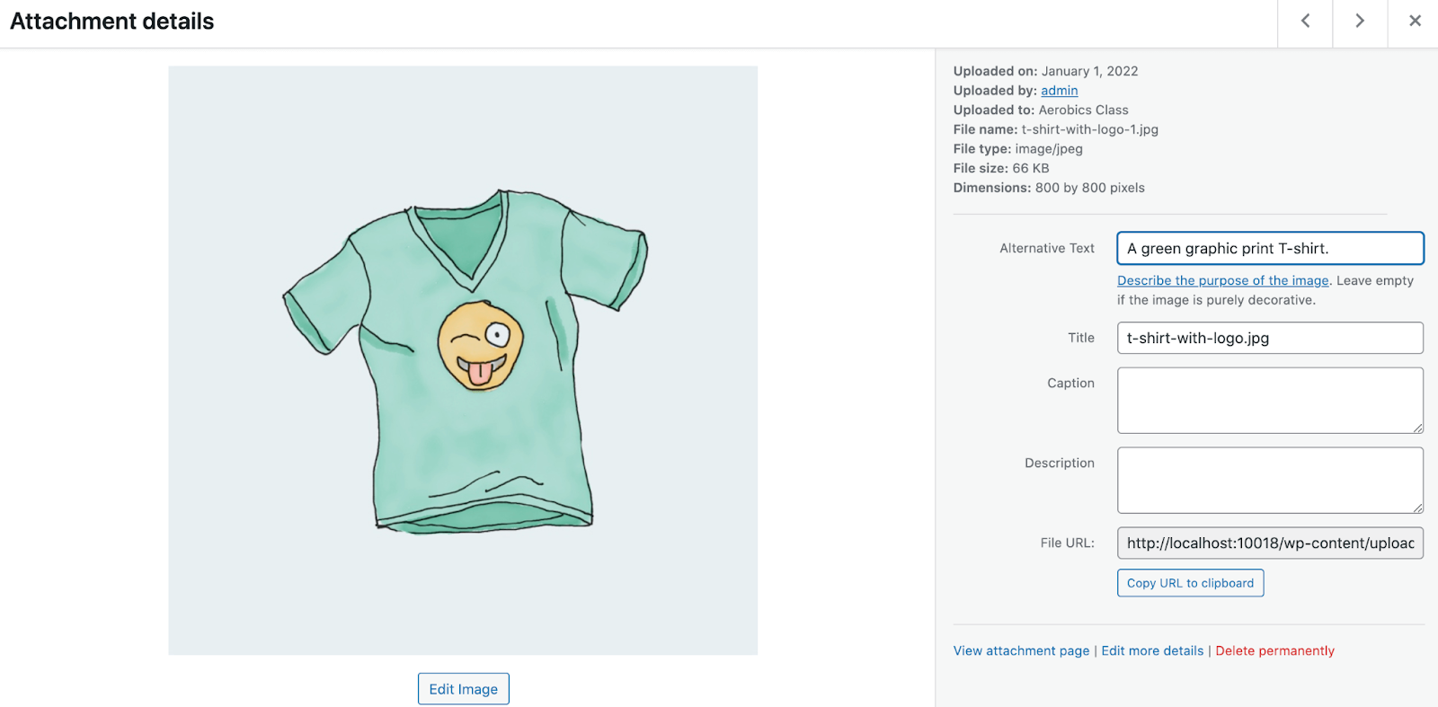 アンカー テキスト「a green graphic print t-shirt」を使用して WordPress にアップロードされている画像のスクリーンショット