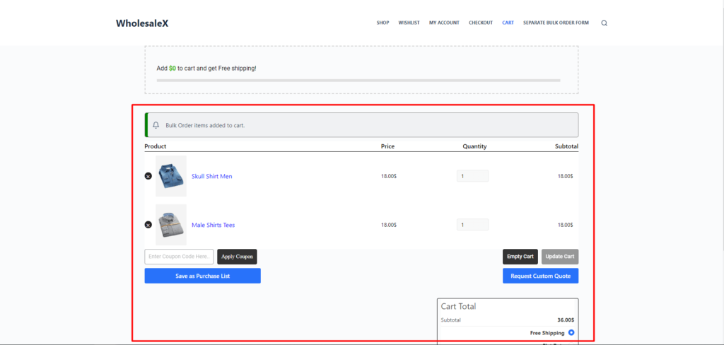 WholesaleX Bulk Order Cart