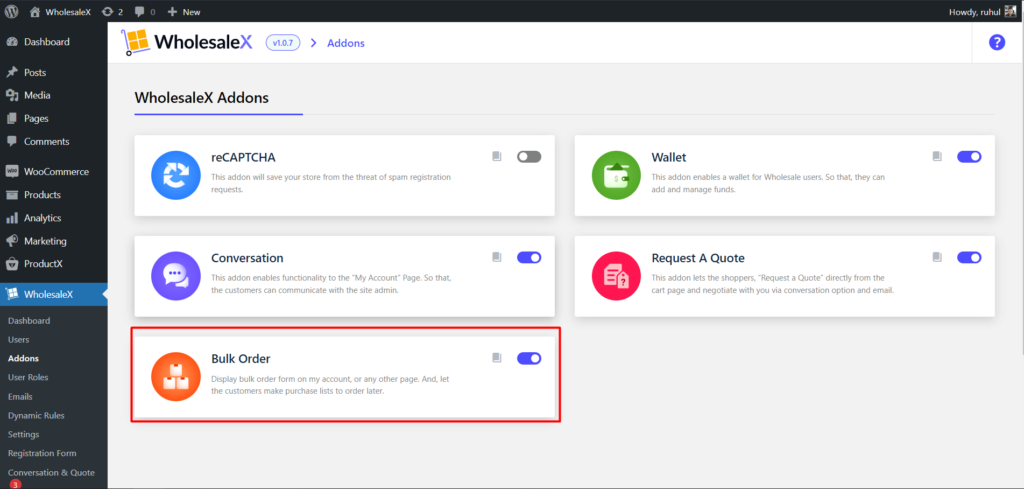 Activating WholesaleX Bulk Order Addon