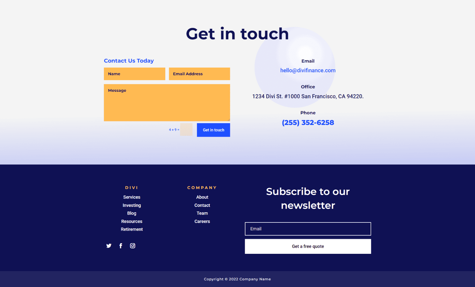 Contoh Formulir Kontak Desktop Divi Footer Satu