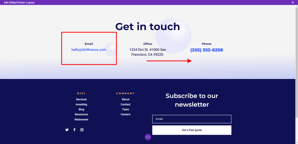 Come aggiungere il modulo di contatto a piè di pagina Divi