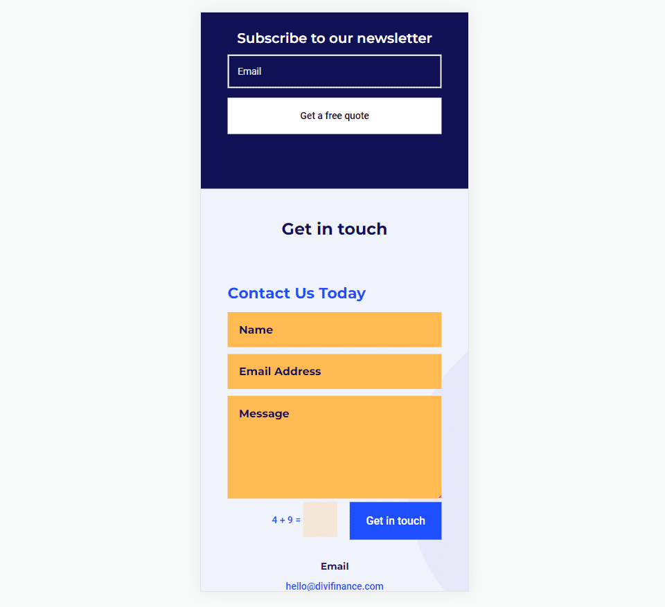 แบบฟอร์มการติดต่อส่วนท้ายโทรศัพท์ Divi ตัวอย่างที่หนึ่ง