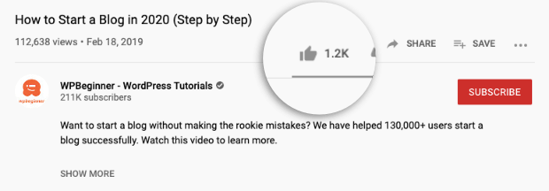 WPBeginner 社交证明 youtube 视频喜欢