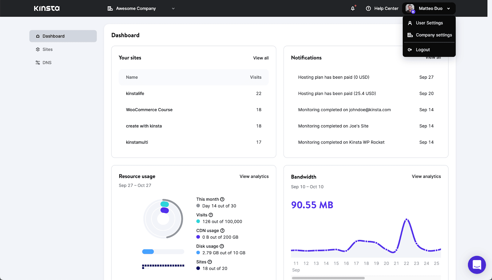 新的 MyKinsta 仪表板