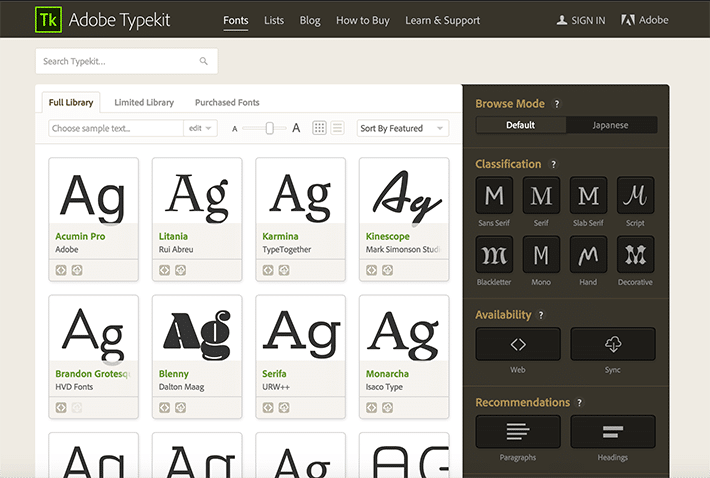 Adobe Typekit 选项的屏幕截图