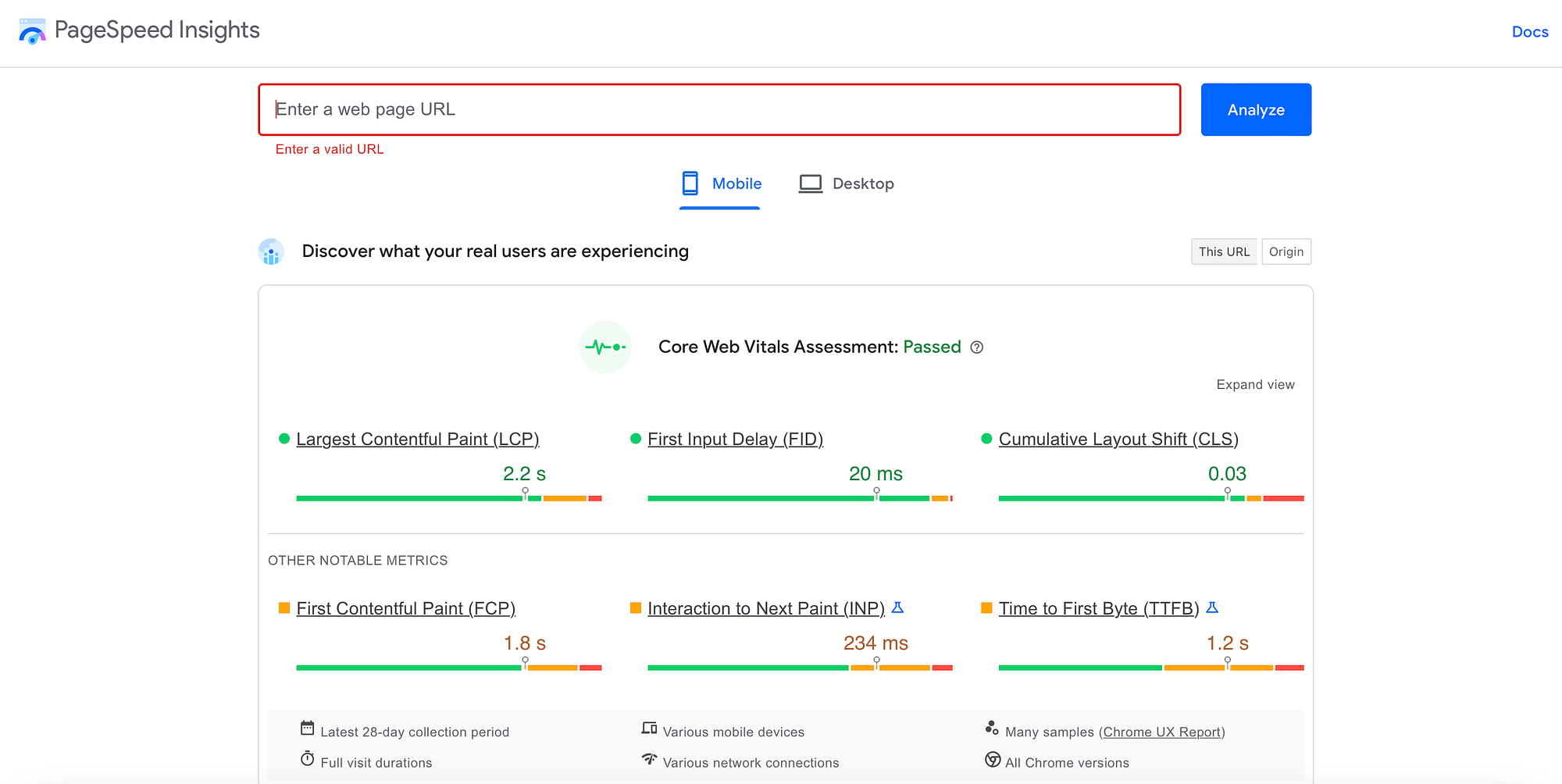 First Contentful Paint (FCP) skor sonuçlarını gösteren PageSpeed ​​Insights.