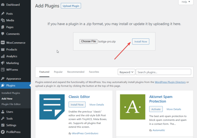 Mengunggah plugin Botiga Pro di WordPress