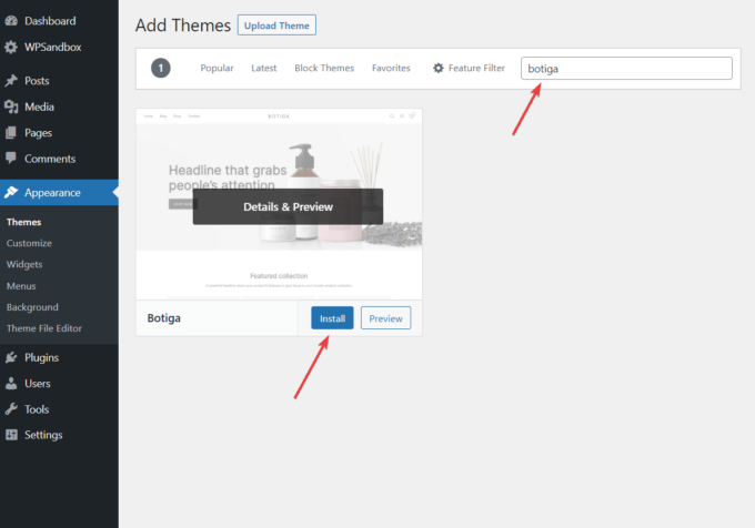 Installazione del tema Botiga su WordPress