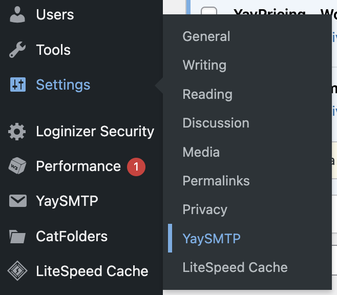 wordpress kontrol panelinde yaysmtp ayarları