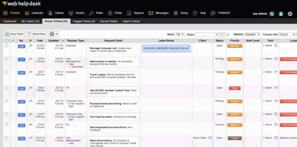 Página de emisión de boletos de la mesa de ayuda web de SolarWinds