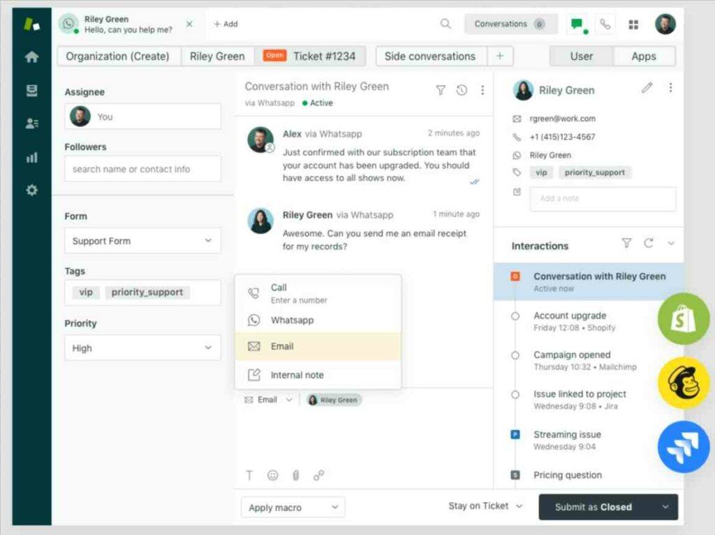 Uno dei migliori help desk, l'interfaccia ticket di Zendesk