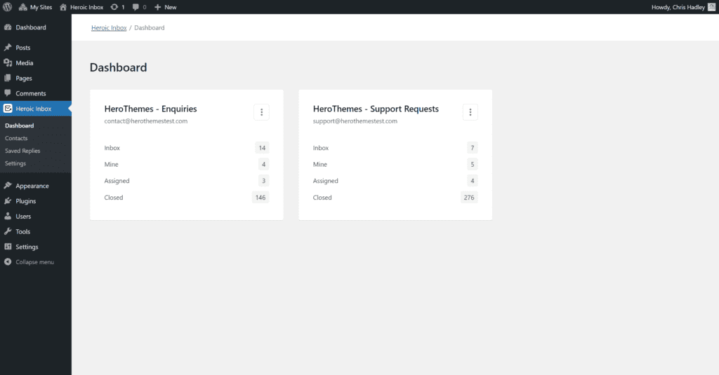 Schnittstelle des heroischen Posteingangs-Dashboards