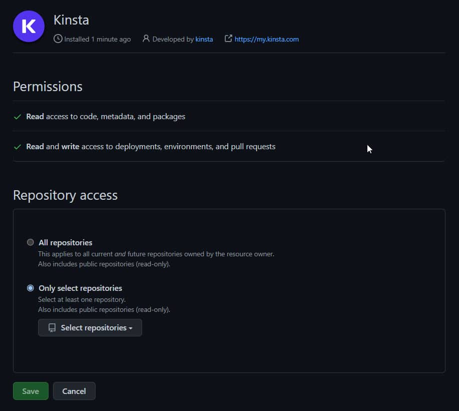 اختيار أذونات GitHub لمنح Kinsta.