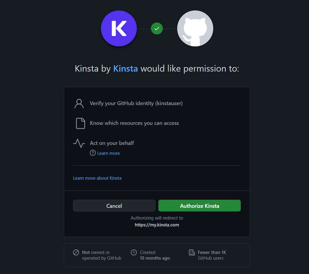 تفويض Kinsta في GitHub.