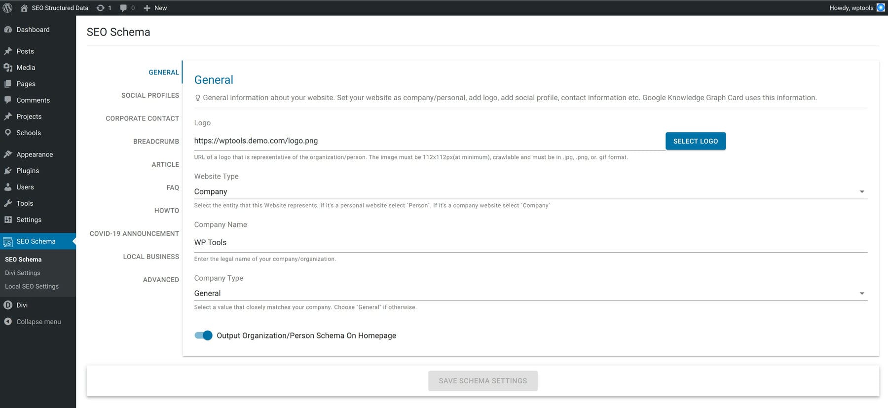 Schemaeinstellungen für das Divi-Schema-Plugin