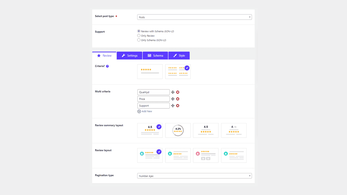 WordPress レビューと構造化データ スキーマ プラグインのレビュー タイプ