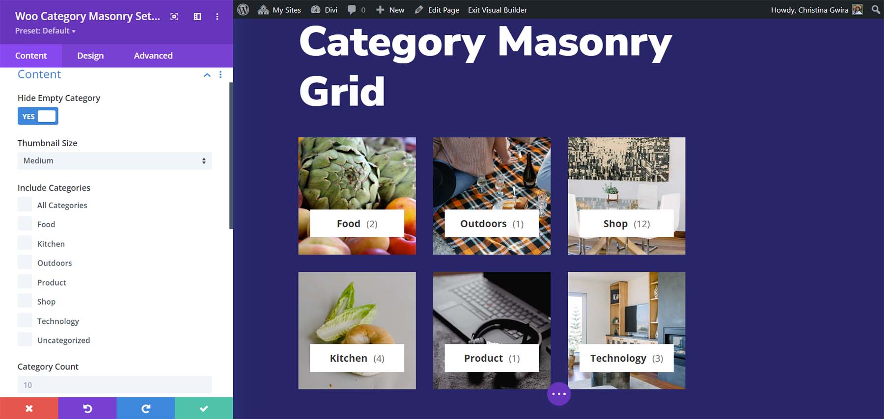 Moduli WooEssential: Categoria Masonry Grid