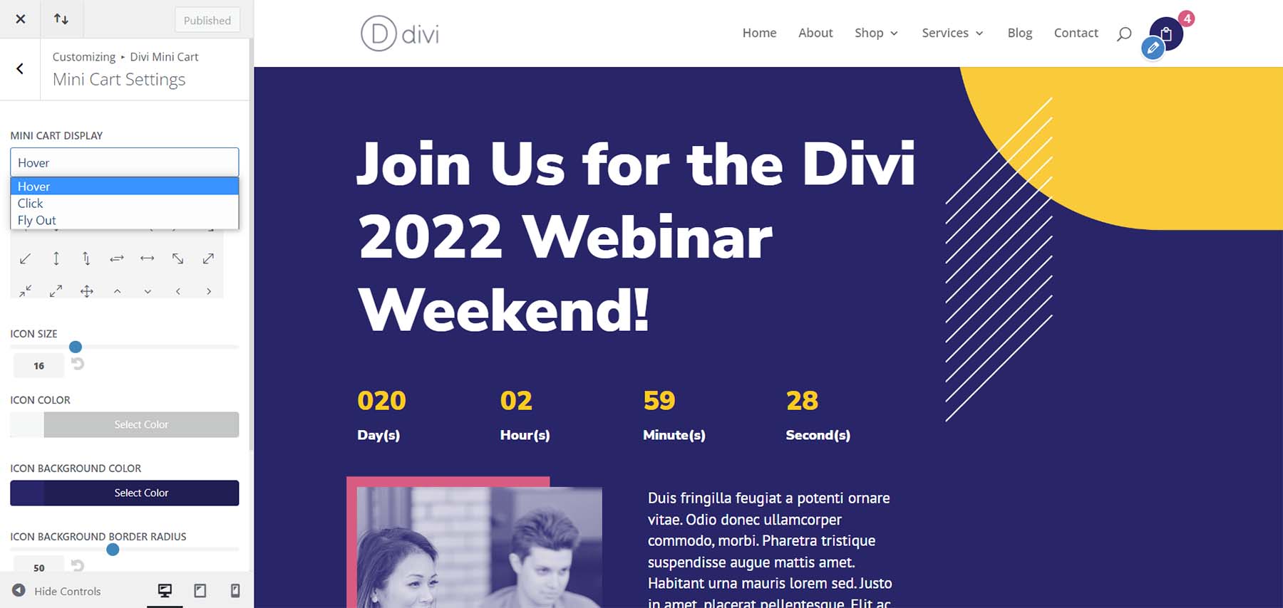 WooEssential 모듈: Divi 미니 카트